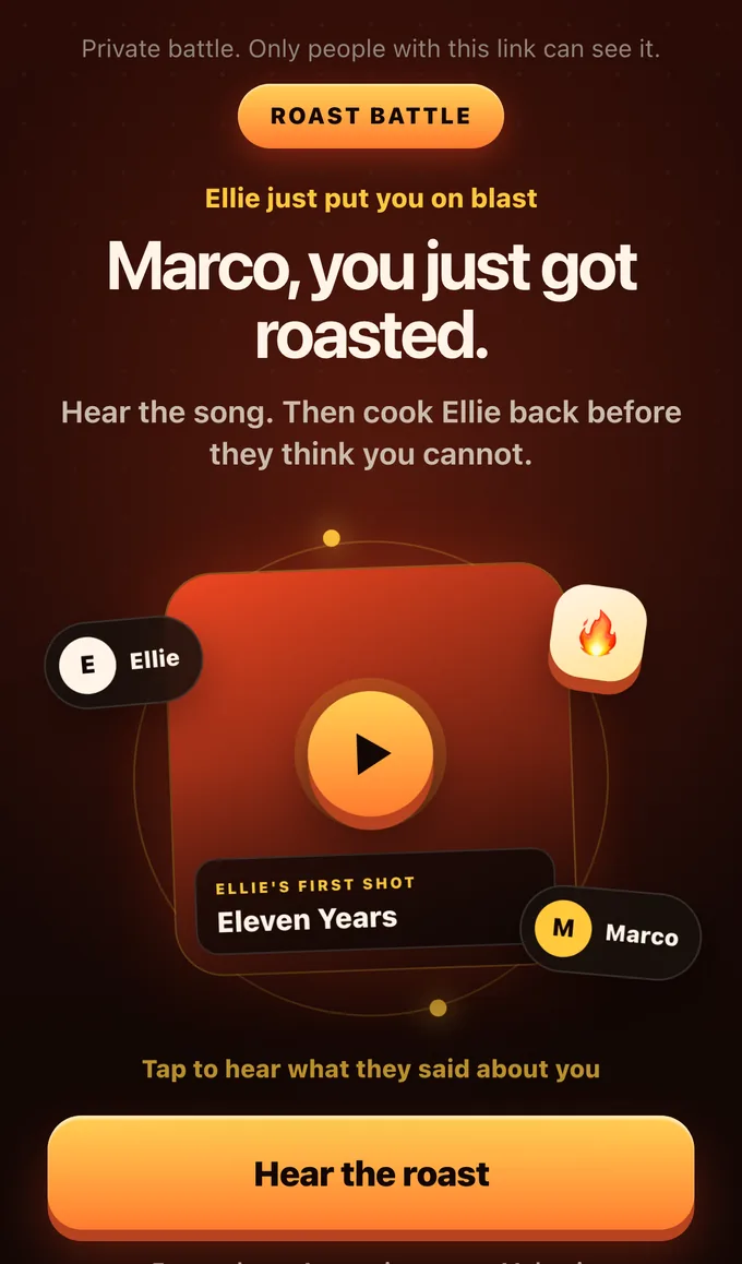 A real Melomi battle page opened in a browser: a private battle badge, the headline Marco, you just got roasted, and a play button over the cover art for Ellie's first shot.