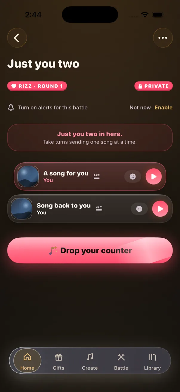 Melomi's private two-person battle room: a Rizz round with a song sent and a song sent back, and a Drop your counter button.