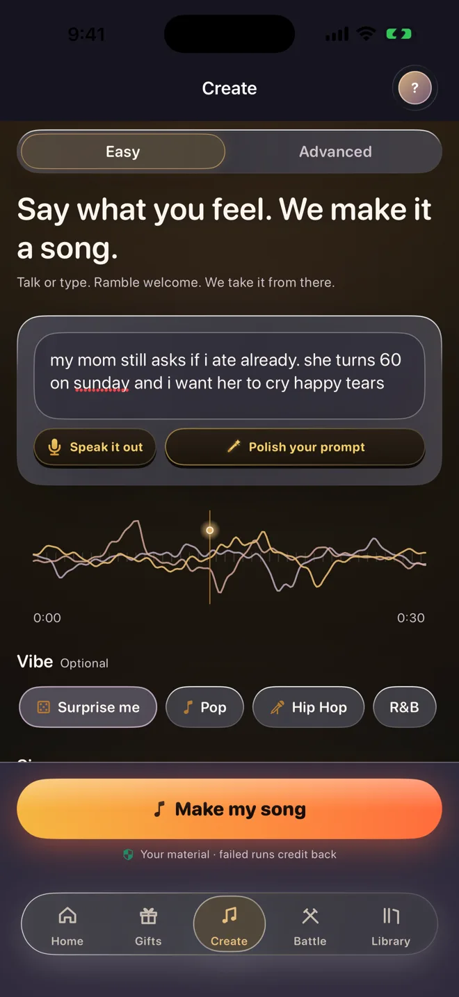 Melomi's create screen: a text field with Speak it out and Polish your prompt, vibe options like Pop and Hip Hop, and a Make my song button.