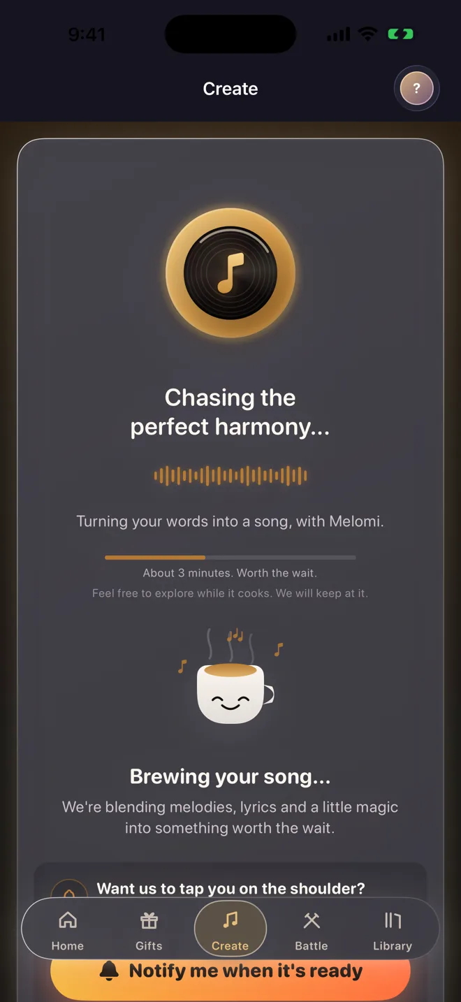 Melomi's rendering screen, chasing the perfect harmony while it turns words into a song, about 3 minutes.